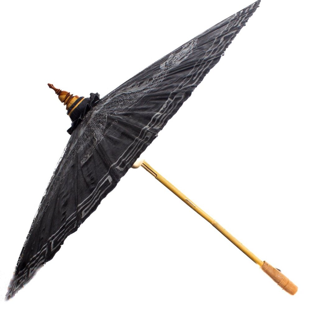 Vintage Chinese Black Paper Parasol With Silver Dragon Design - Picture 8 of 10